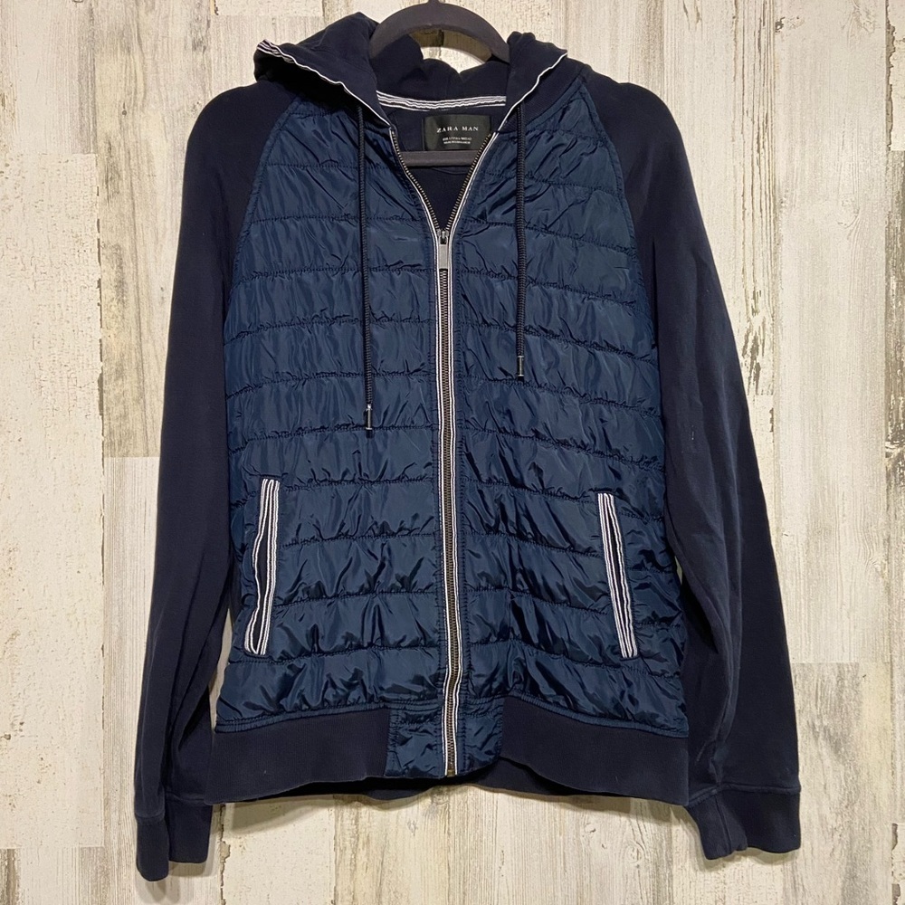 Zara Man Blue Puffer Jersey Zipper Hooded Jacket Large
